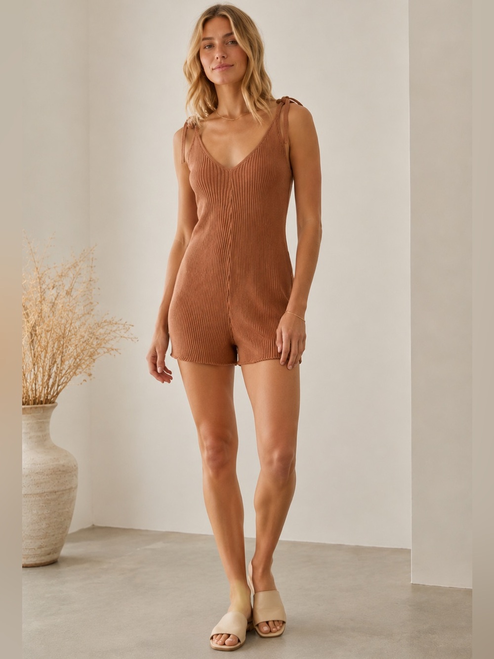 Jackson Rowe Beige Ribbed Knit Short Romper Sleeveless Loungewear Stretch small